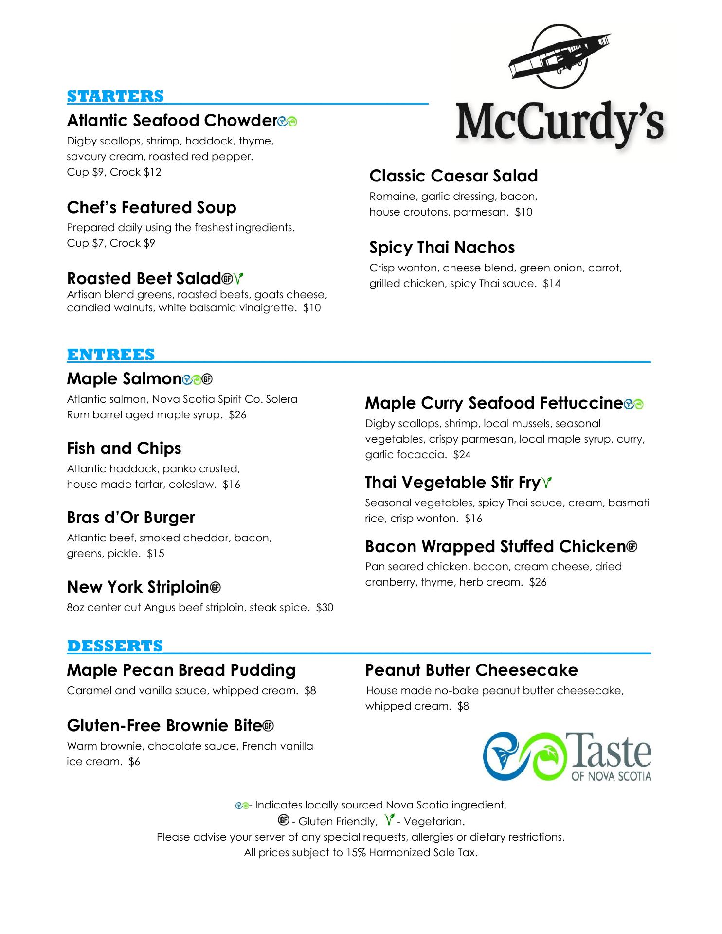 McCurdy's Dining Room Menu