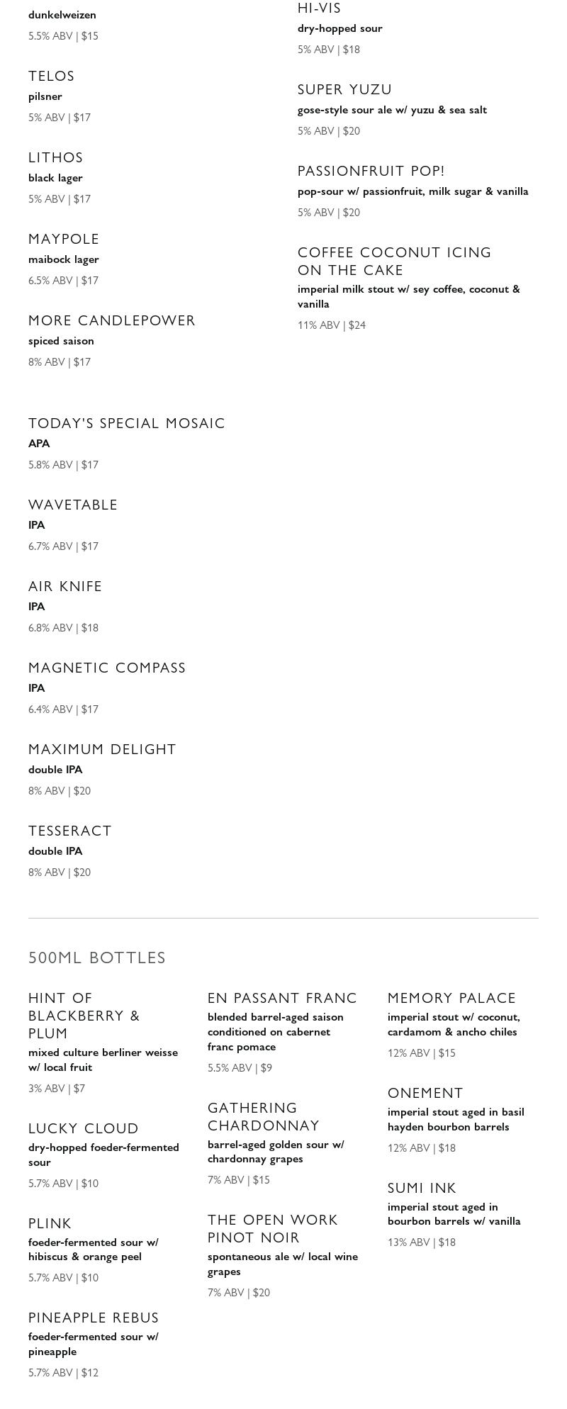 Grimm Artisanal Ales Menu