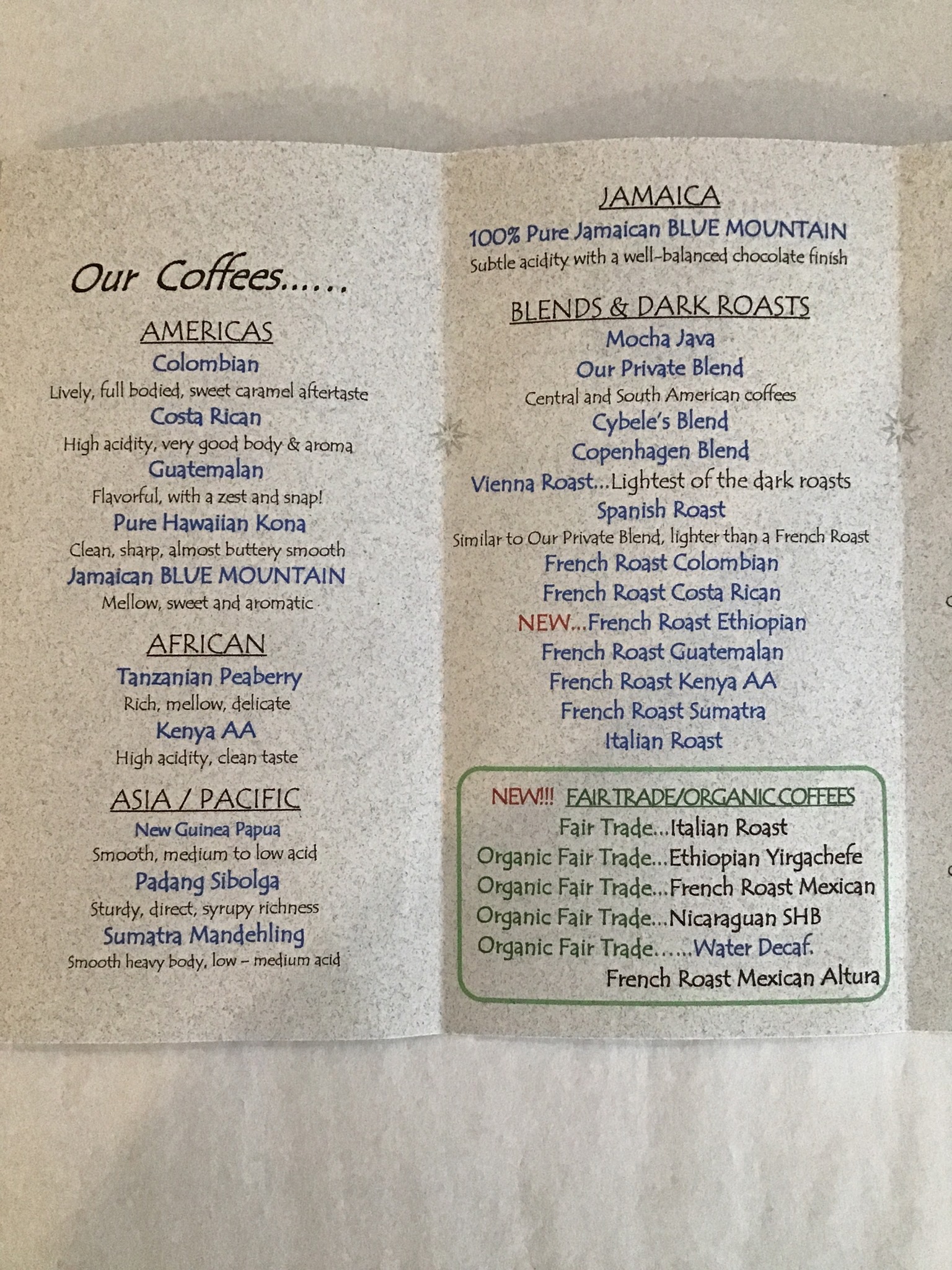 Blue Mountain Coffees Menu
