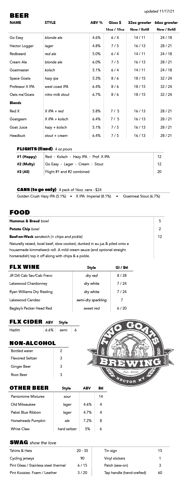 Two Goats Brewing Menu