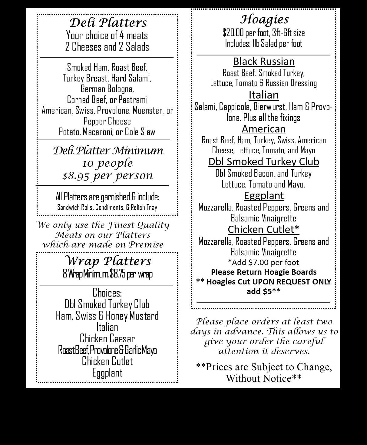 East Fishkill Provision Menu