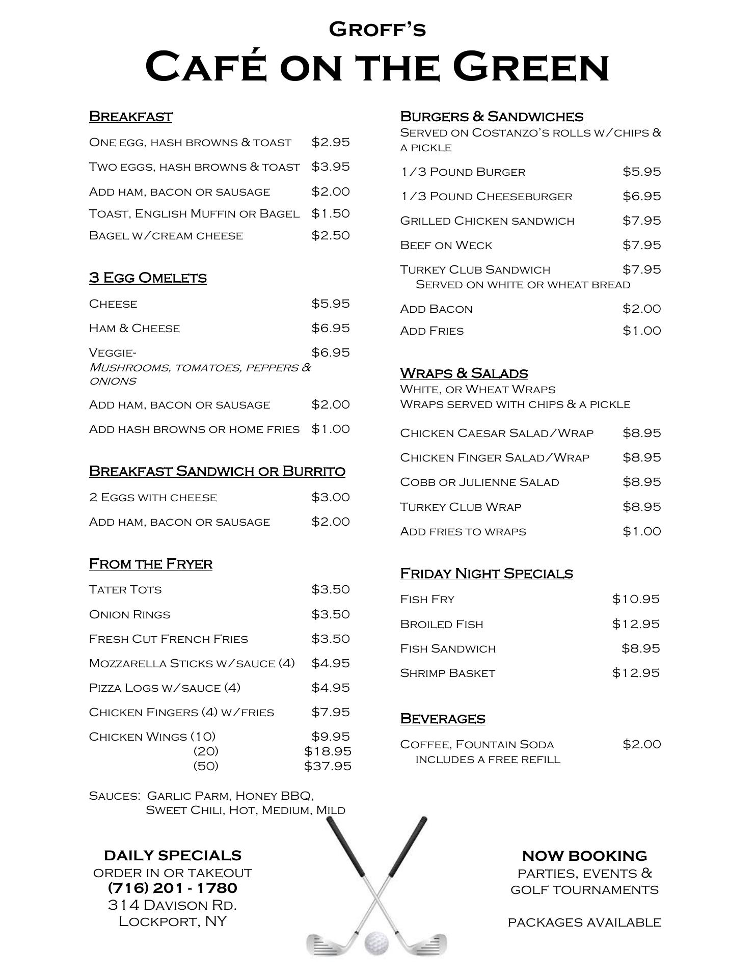 Groff's Cafe on the Green Menu