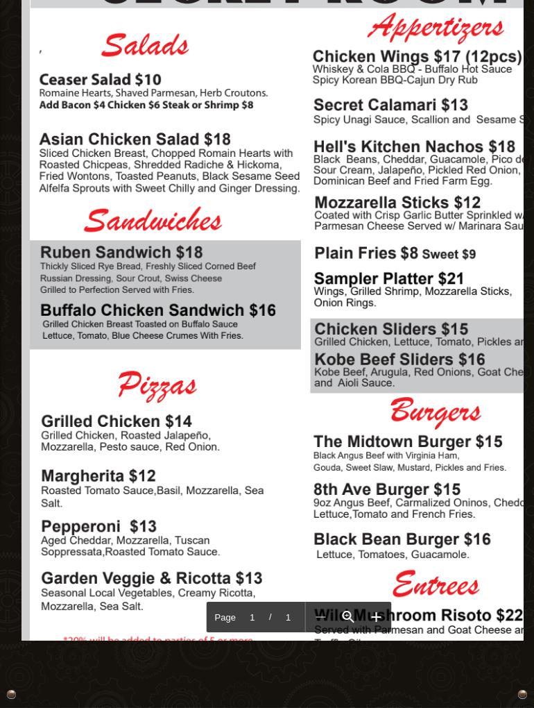 Secret Room New York Menu