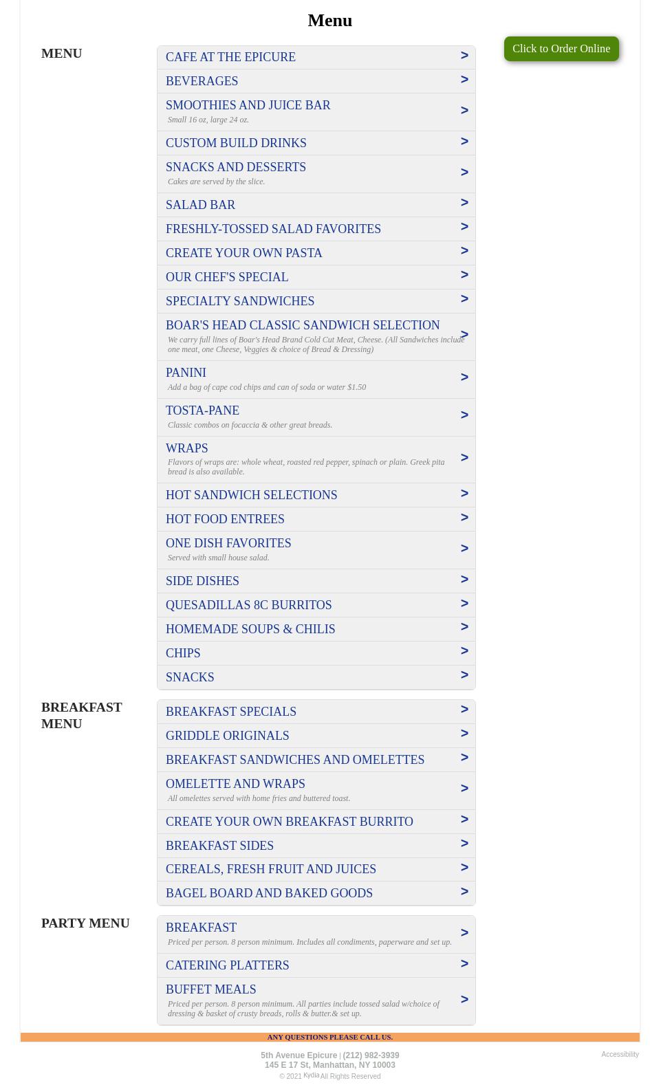 5th Avenue Epicure Menu
