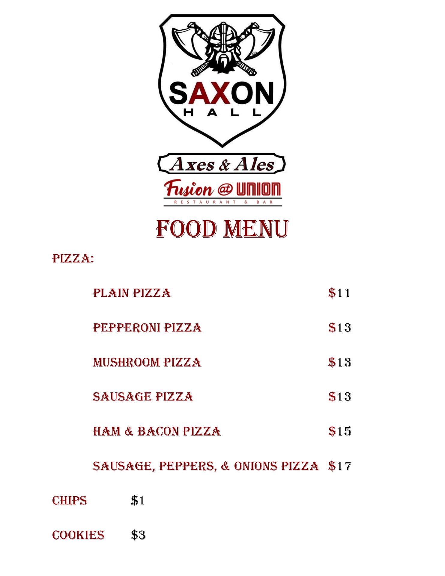Saxon Hall - Axes & Ales Menu