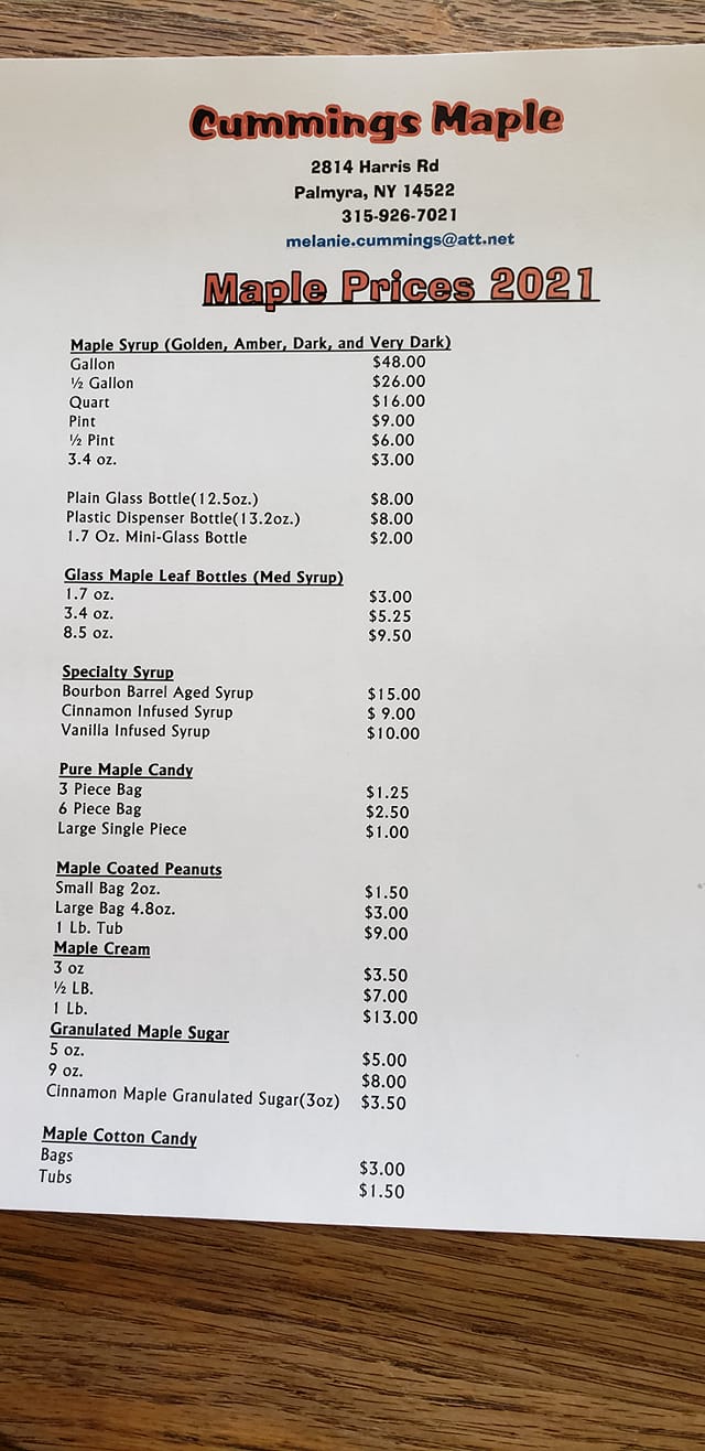 The Dam Farm maple syrup Menu