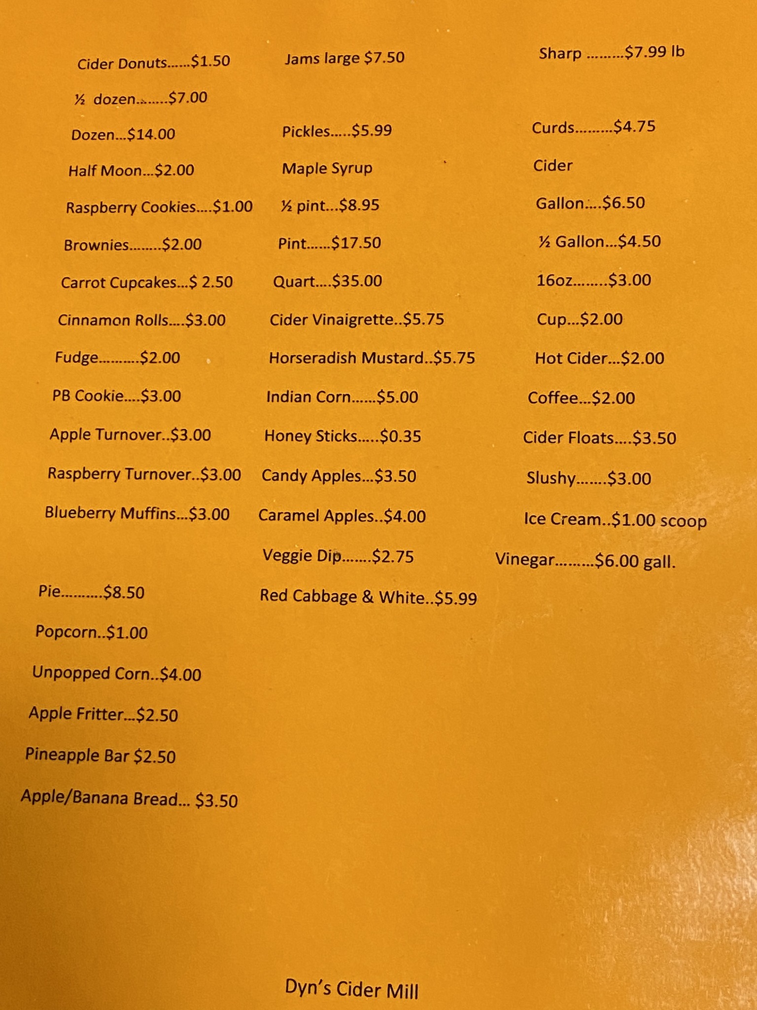 Dyn's Cider Mill Menu