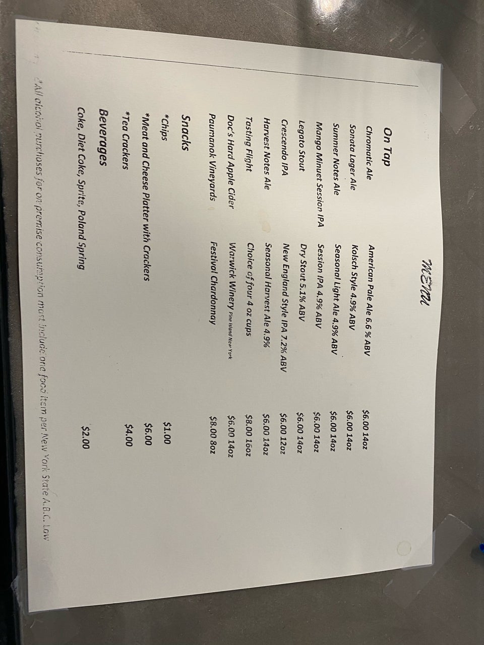 Twin Fork Beer Co Menu