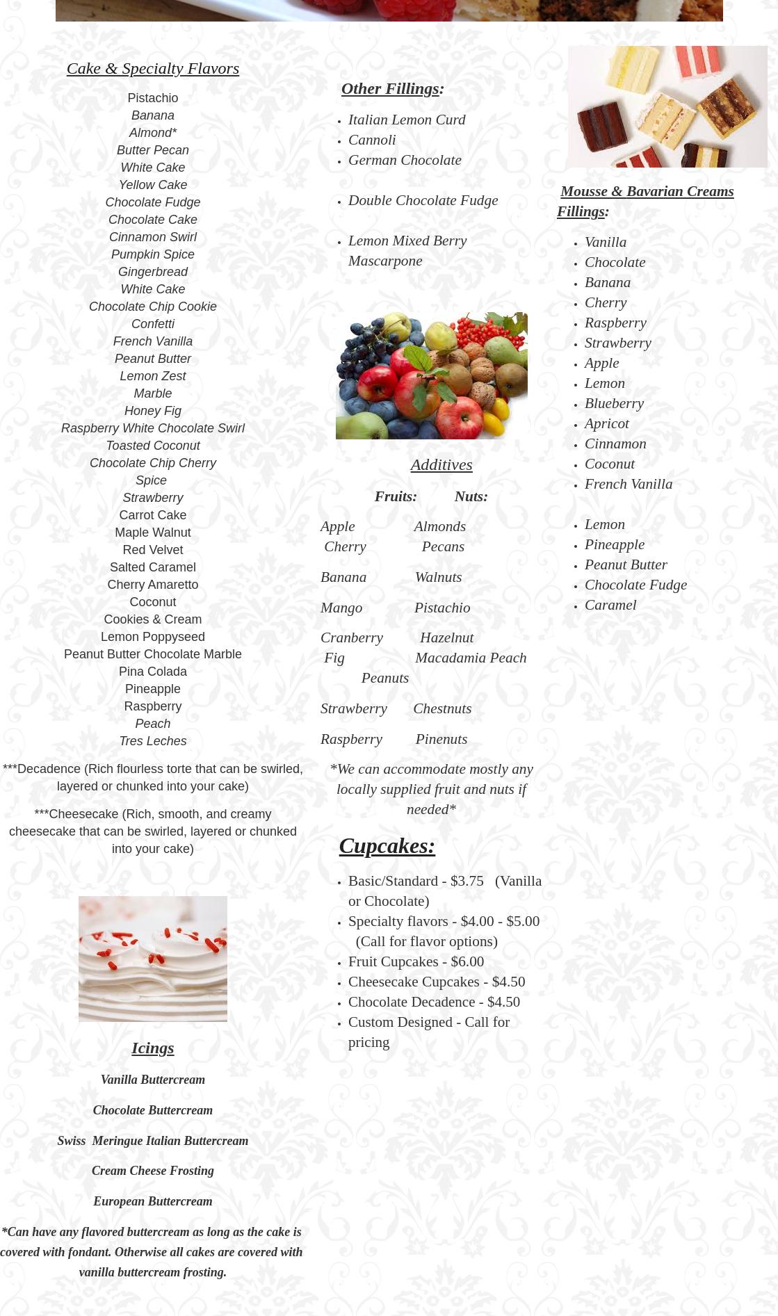 Rochester NY Wedding Cakes Menu