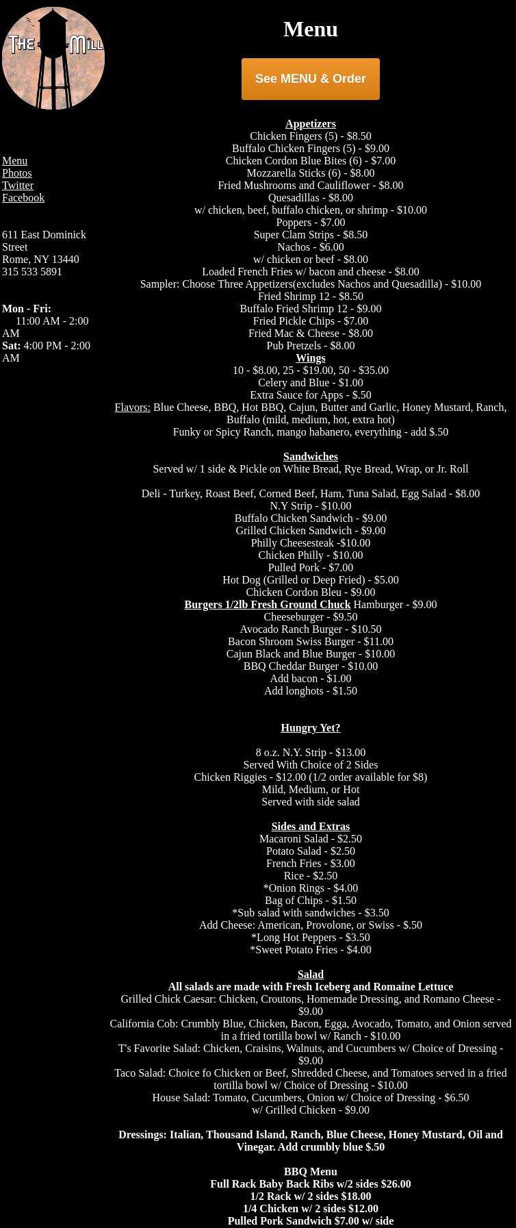 The Mill Menu