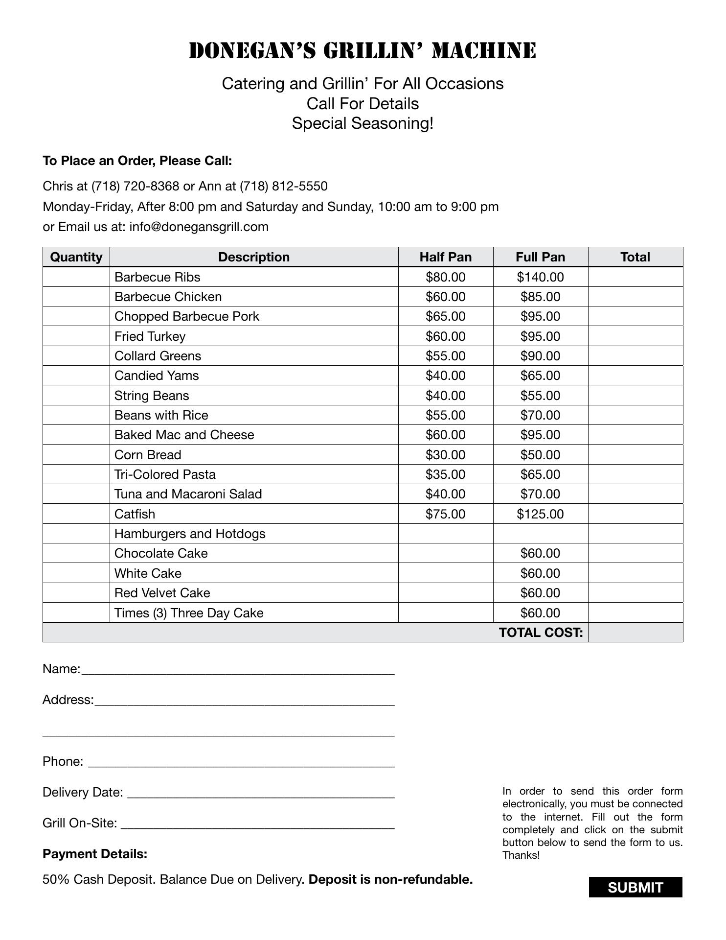 Donegan's Grill Menu