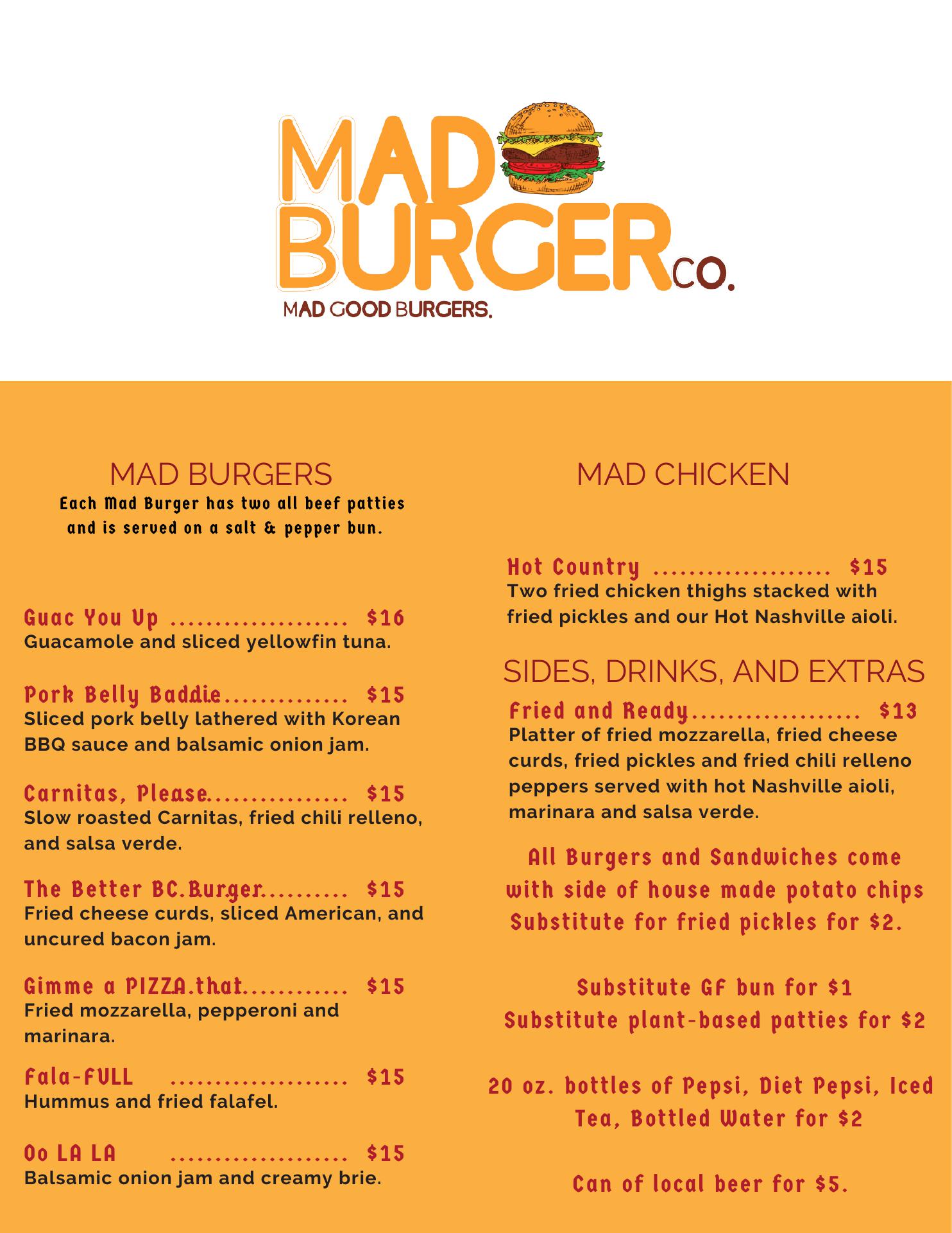 Mad Burger Co. Menu