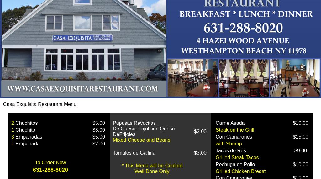 Casa Exquisita Restaurant Menu