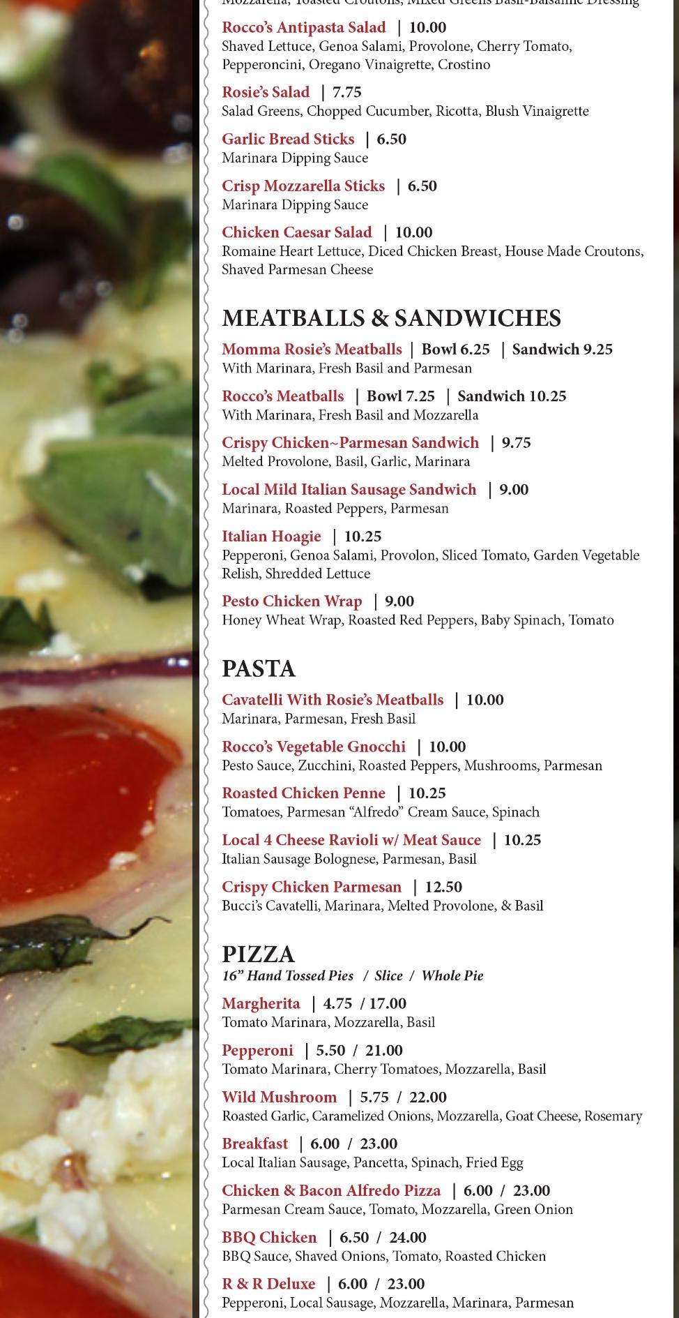 Rosie & Rocco's Menu