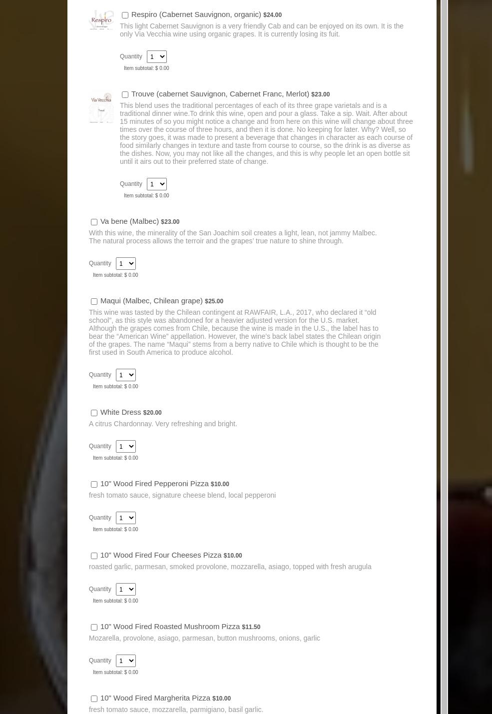 Via Vecchia Winery Menu