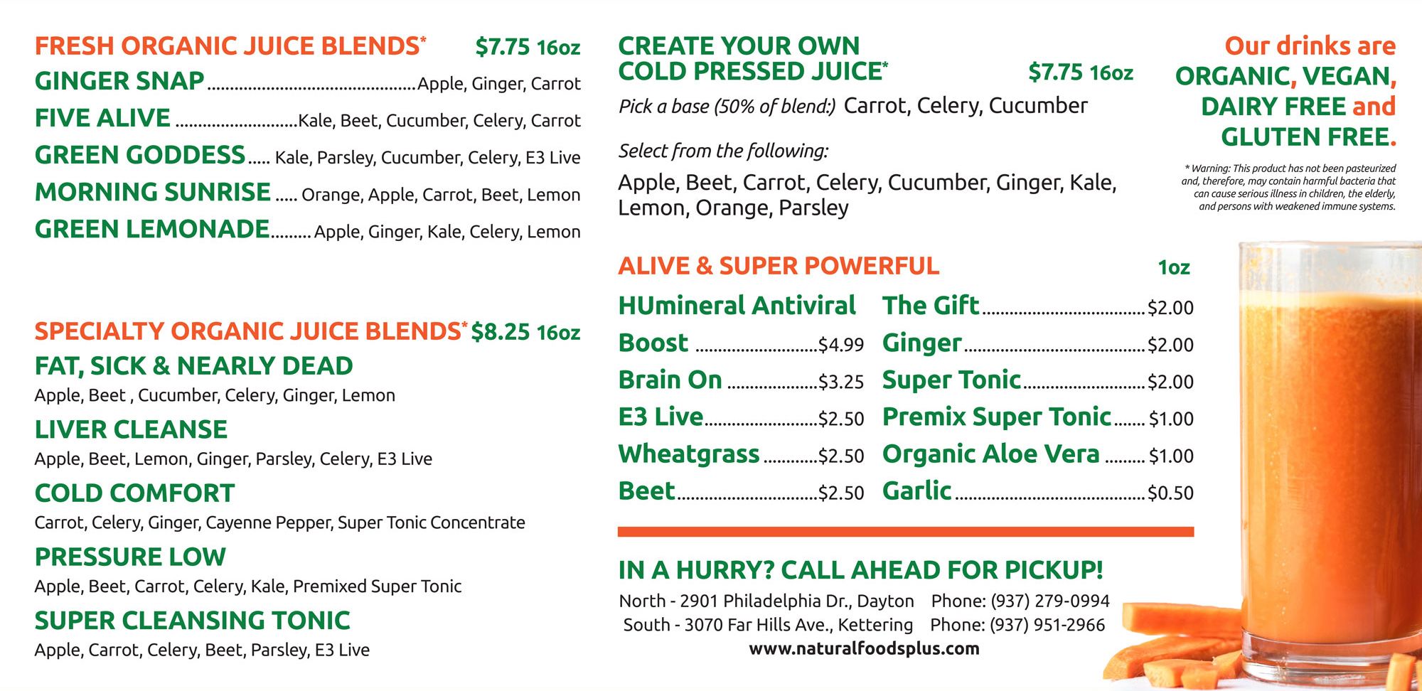 Natural Foods Plus and Juice Caboose Menu