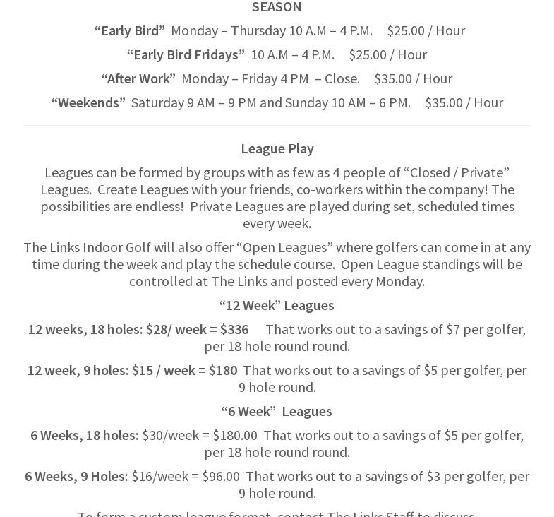 The Links Indoor Golf Menu