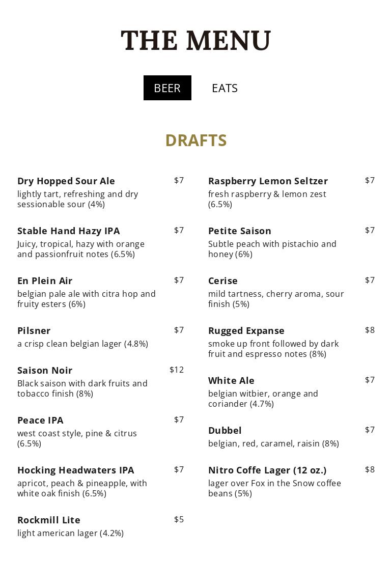 Rockmill Brewery Menu