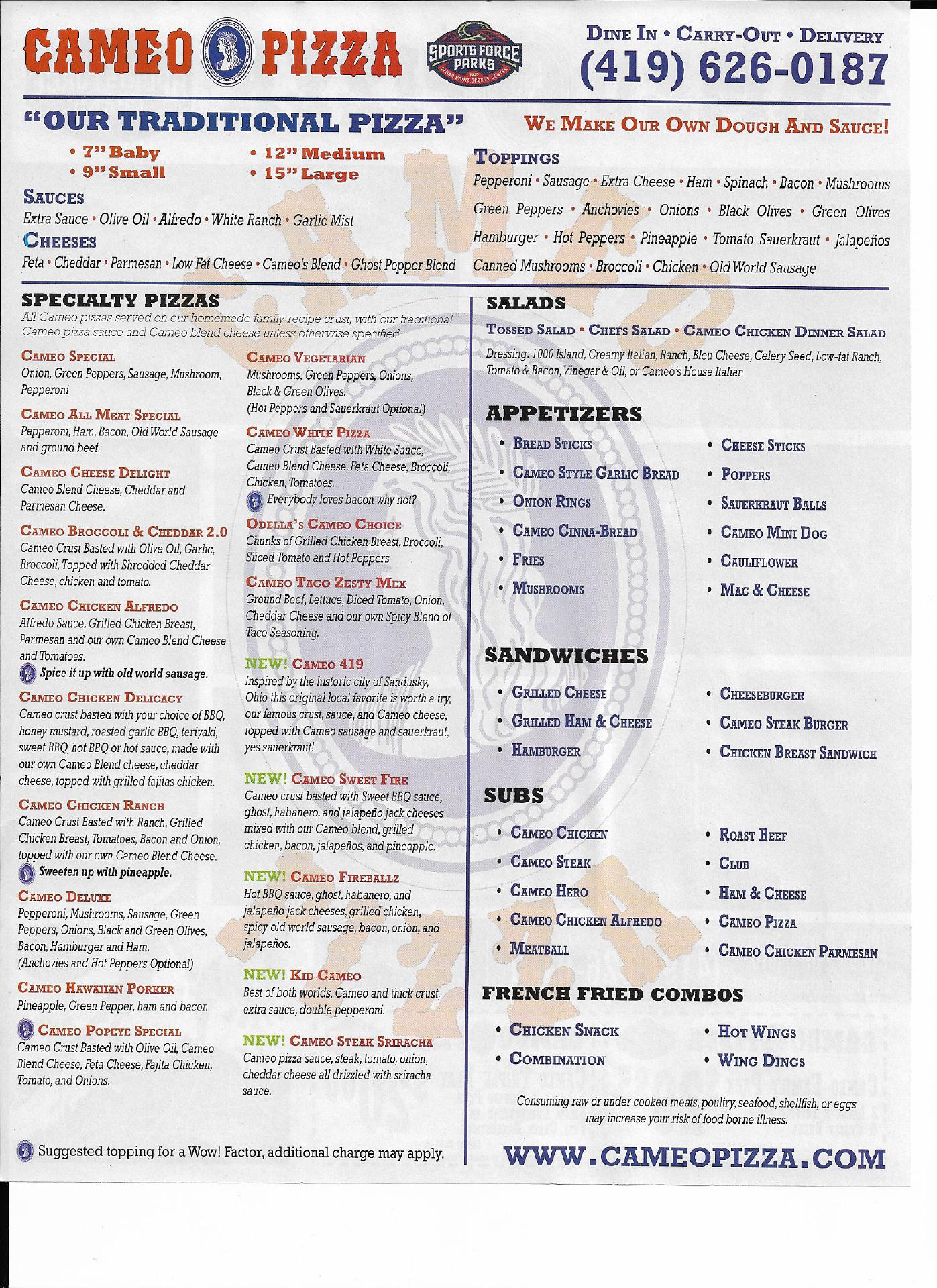 Cameo Pizza Menu