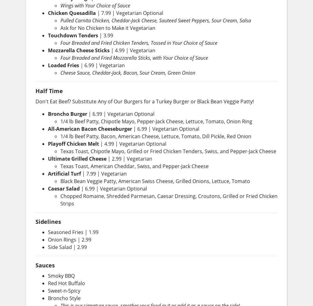 Sidelines Sports Grill Menu