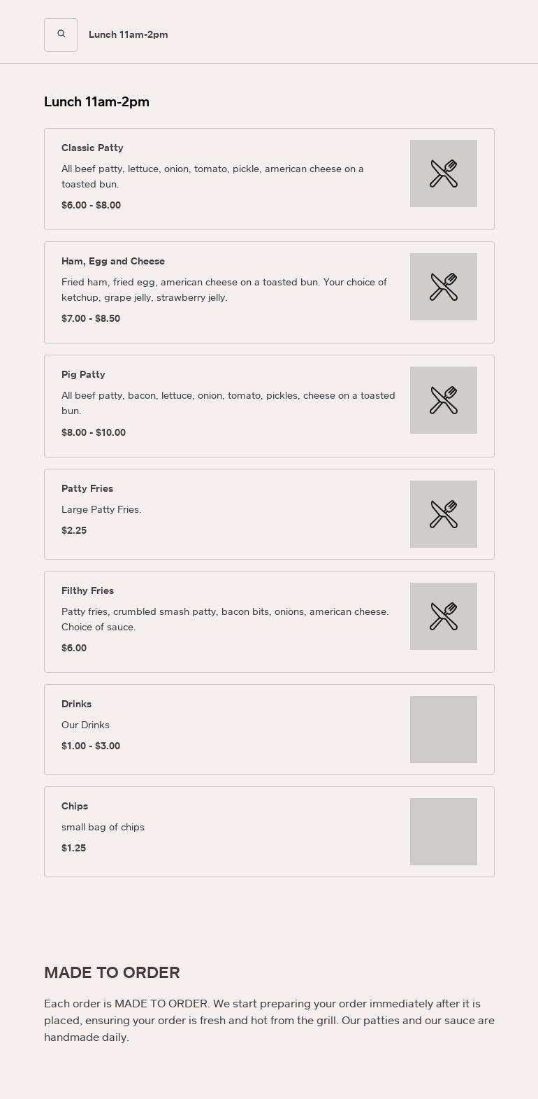 Smash Patty’s Food Trailer Menu