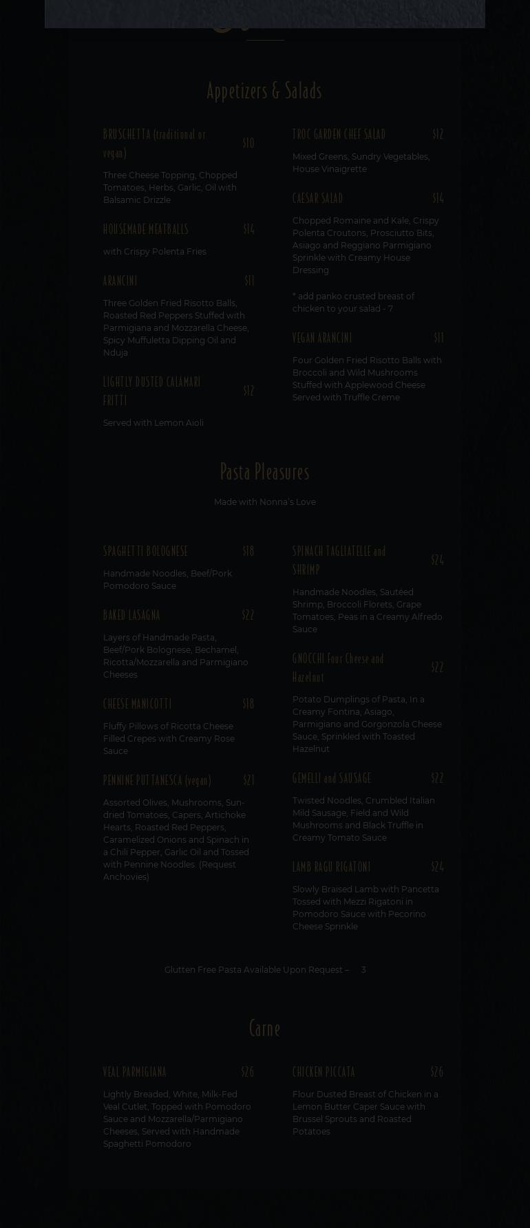 Trocadero Restaurant Menu