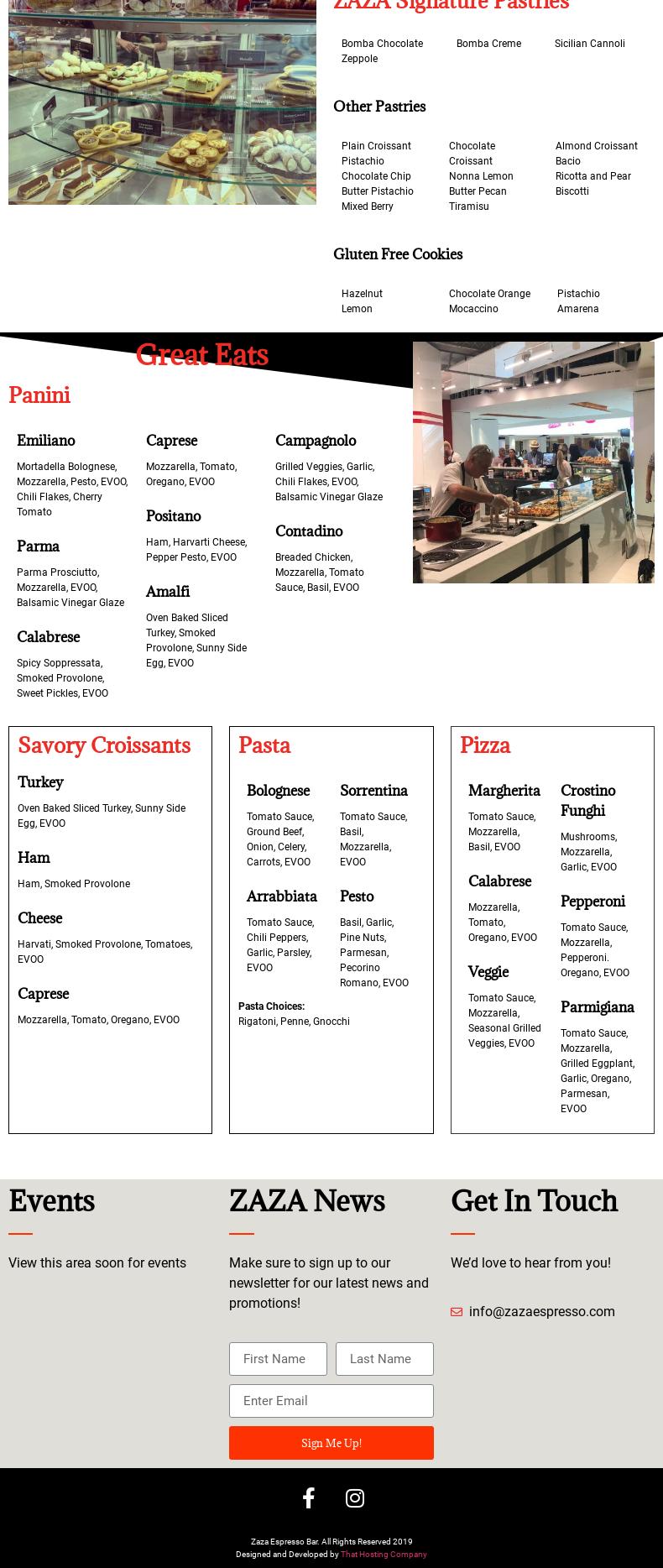 ZAZA Espresso Bar and Gelato Menu