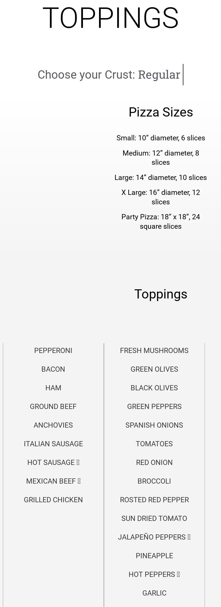 Pizza Pizza Menu