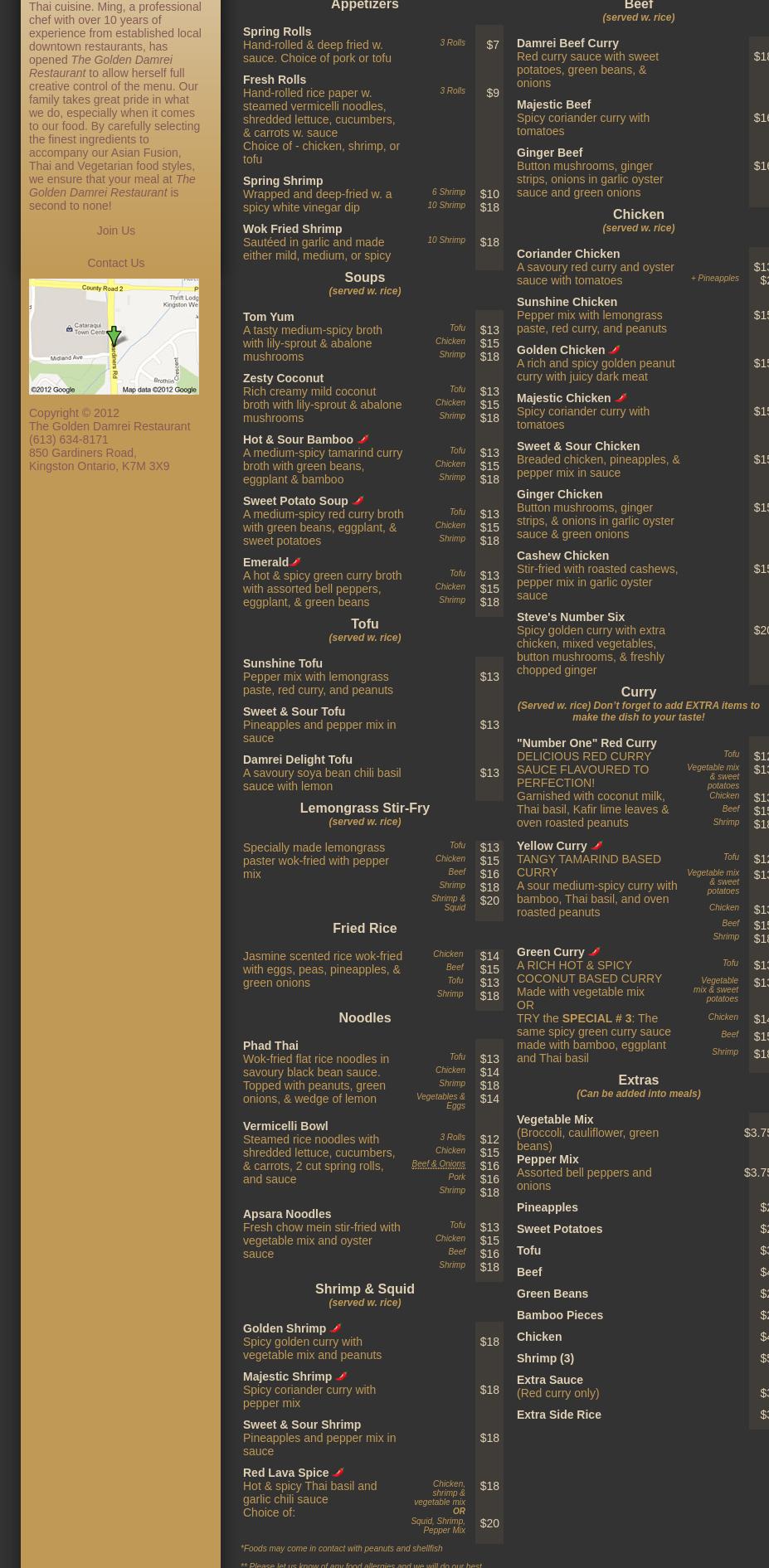 The Golden Damrei Restaurant Menu
