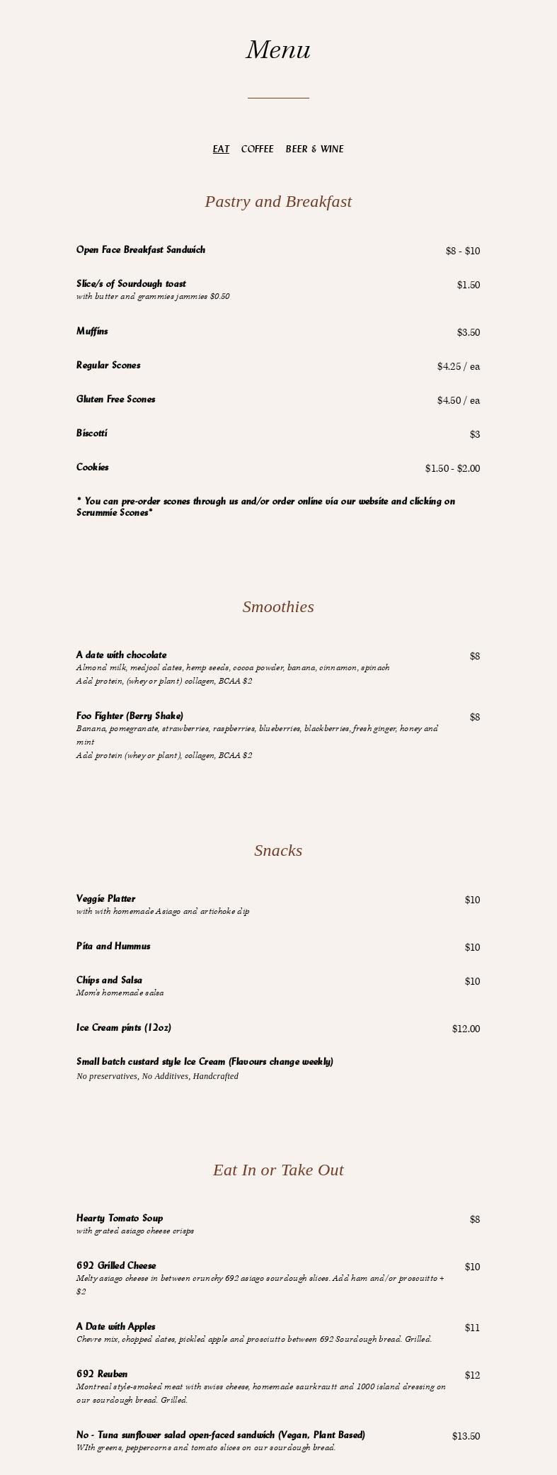 692 Coffee and Bar Menu