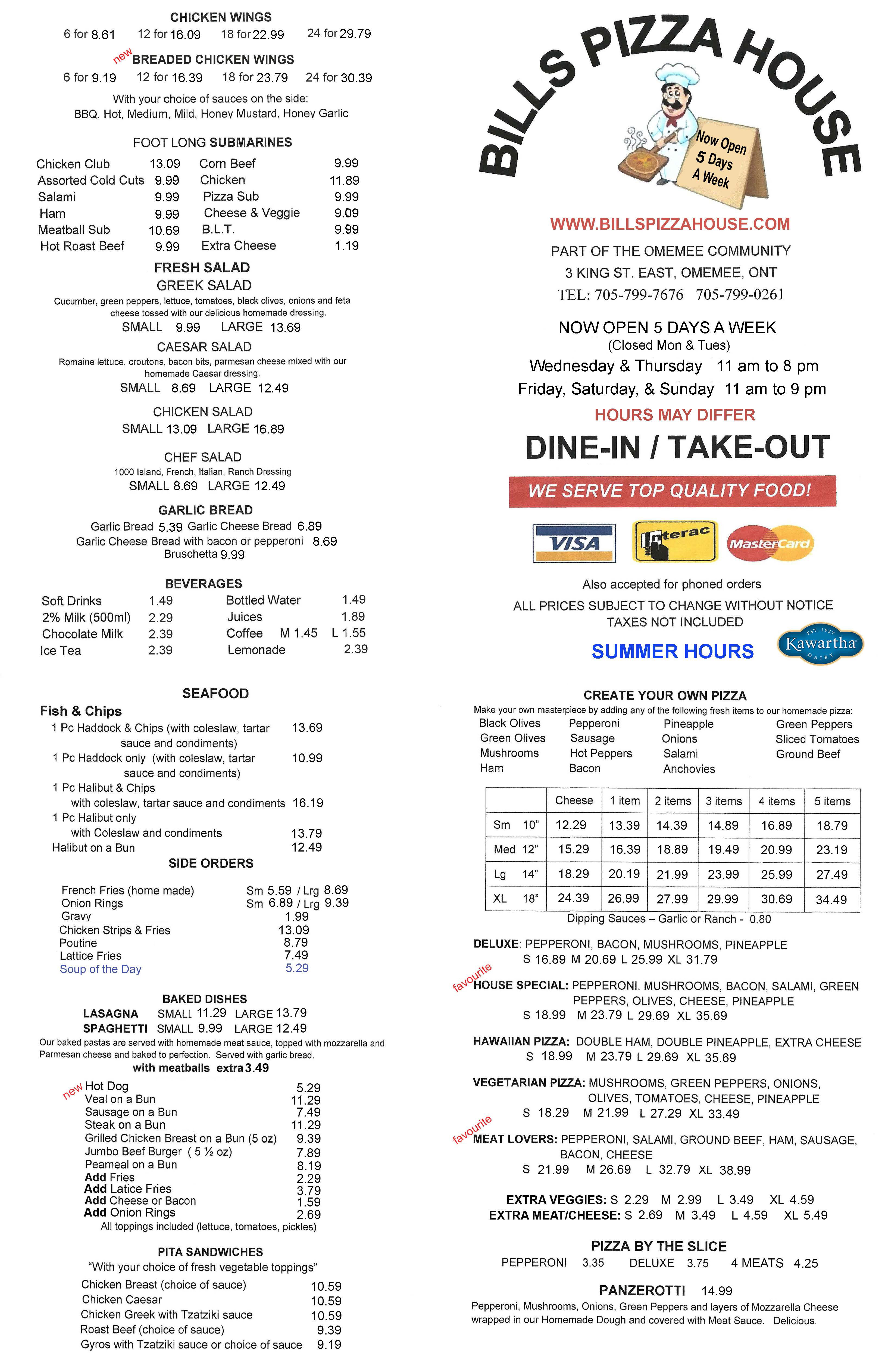 Bill's Pizza House Menu