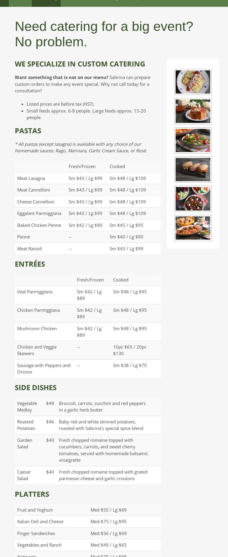 Sabrina's Catering Co. Menu