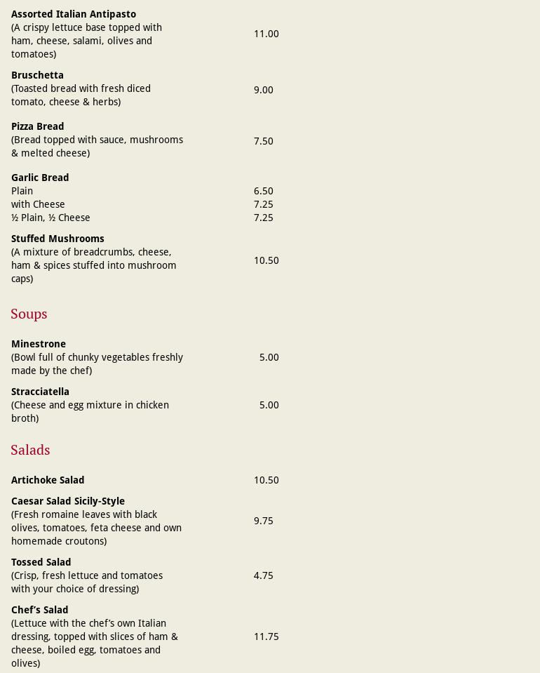 Sicily Restaurant & Pizzeria Menu