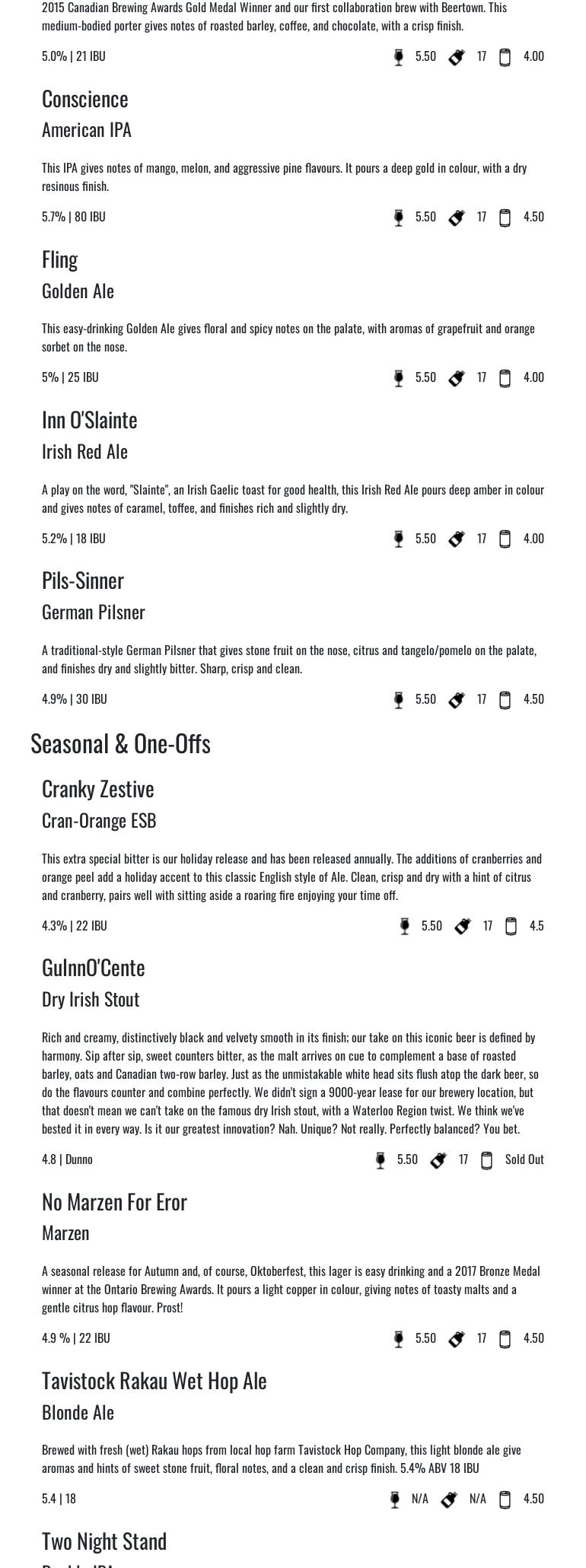 Innocente Brewing Company Menu