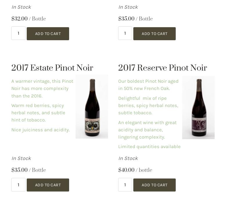 La Chouette Vineyard Menu