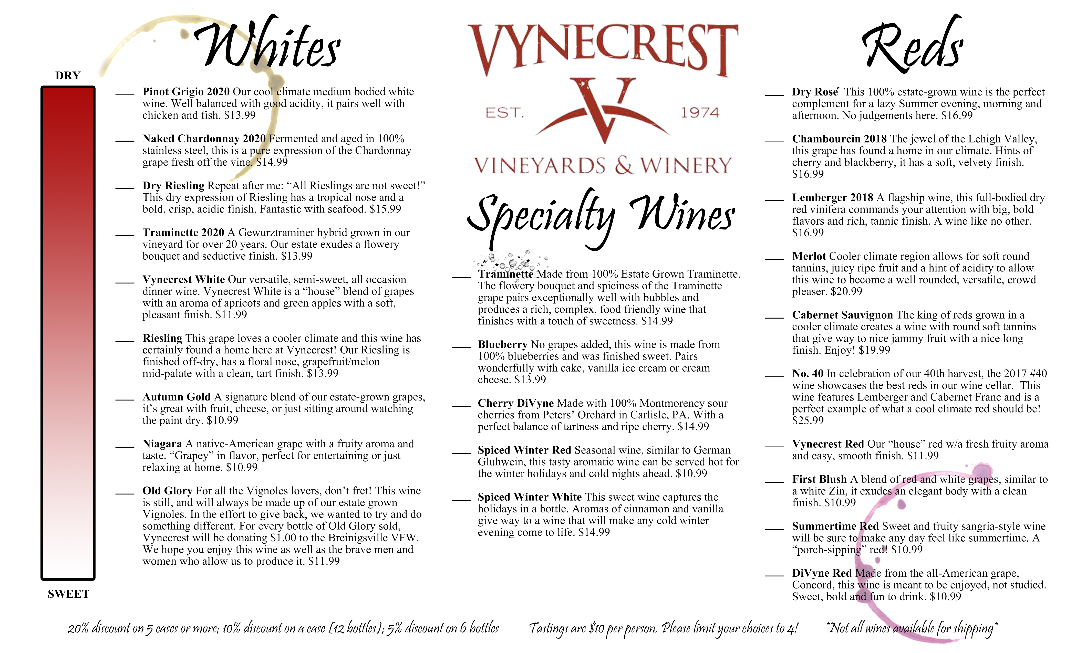 Vynecrest Winery Menu