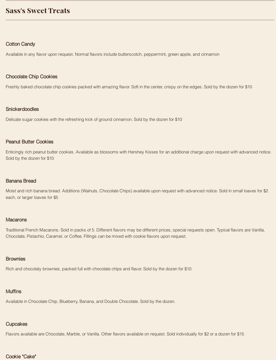 Sass's Sweets Menu