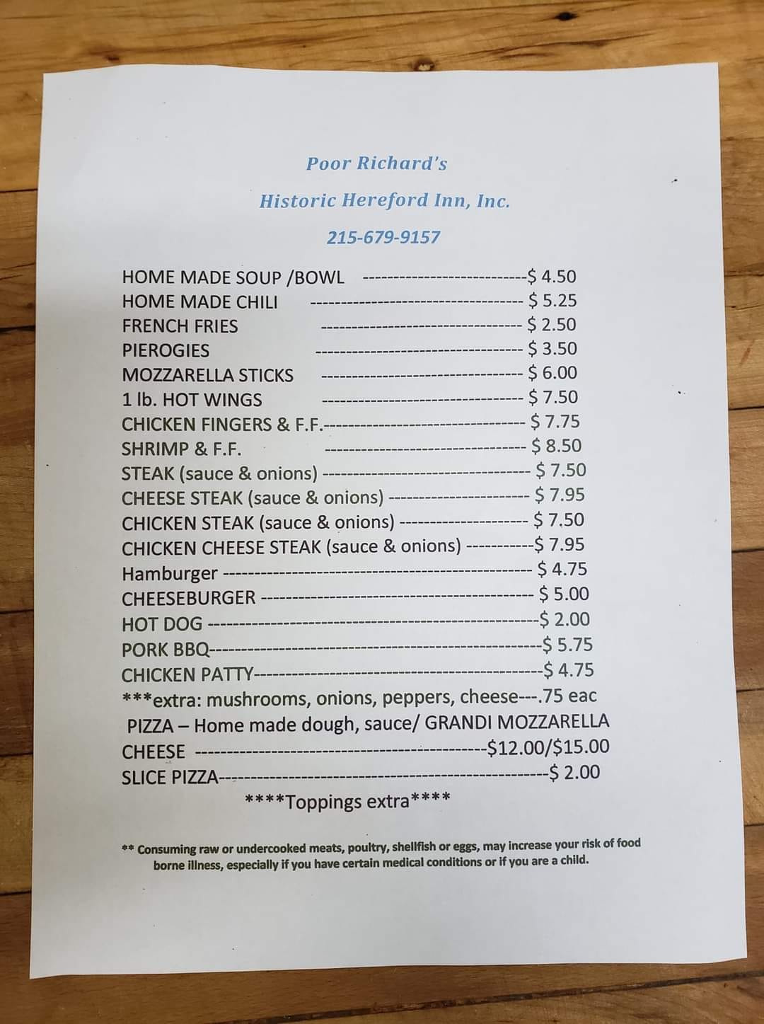 Poor Richards Historic Hereford Inn Menu