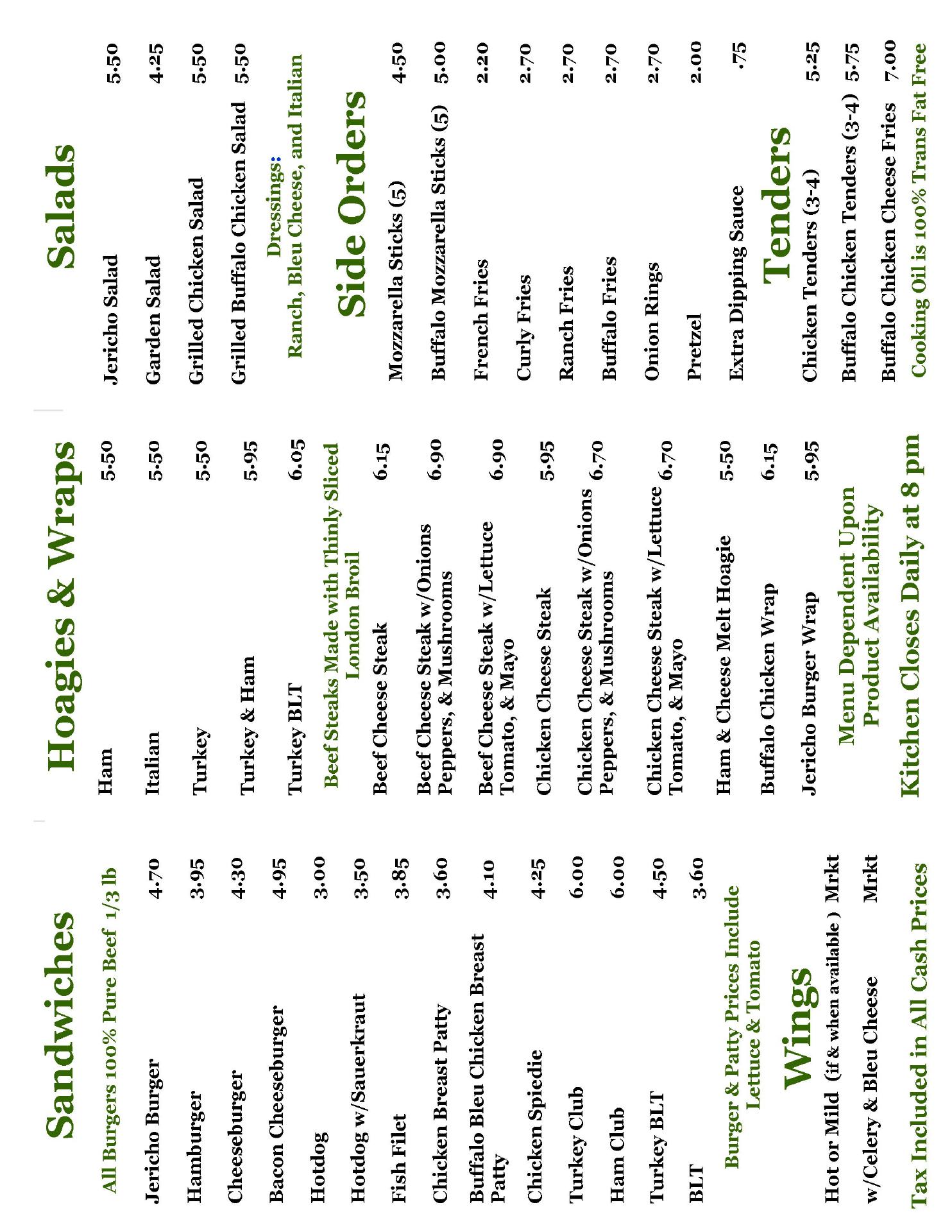 Jericho Dairy Bar Menu