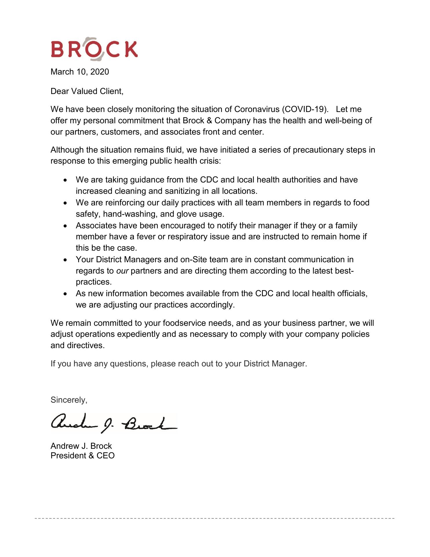 Brock & Company, Inc. Menu