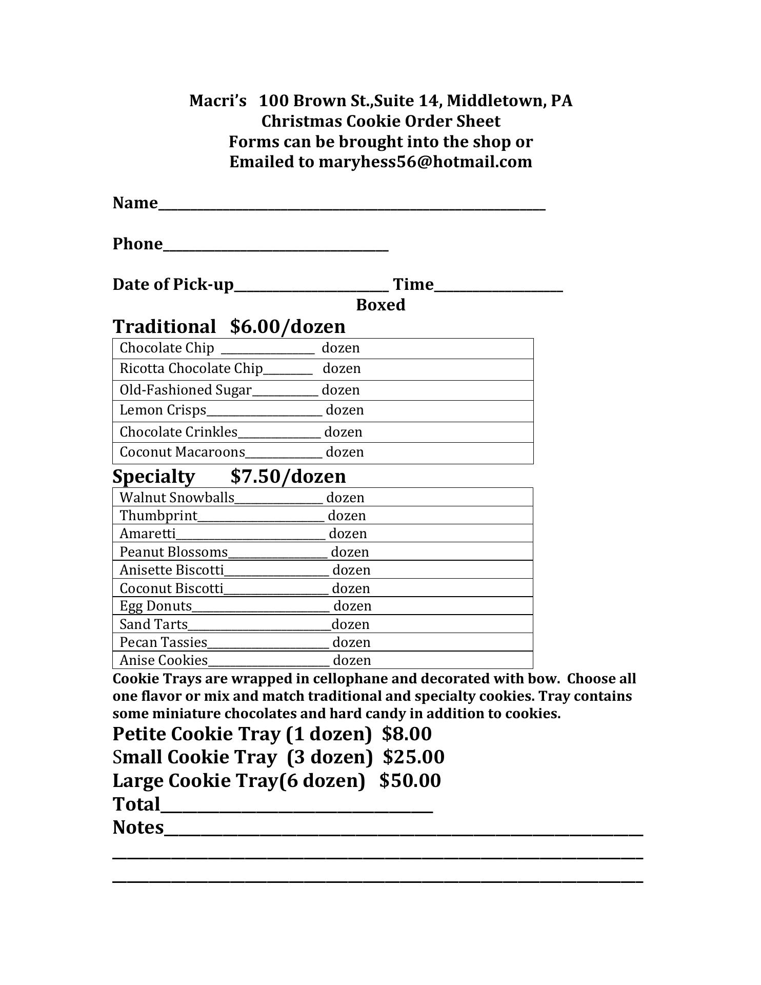 macri's catering Menu