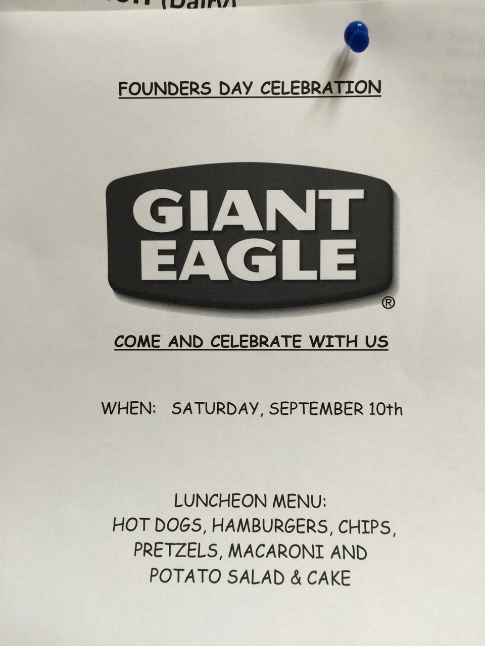 Giant Eagle Bakery Menu