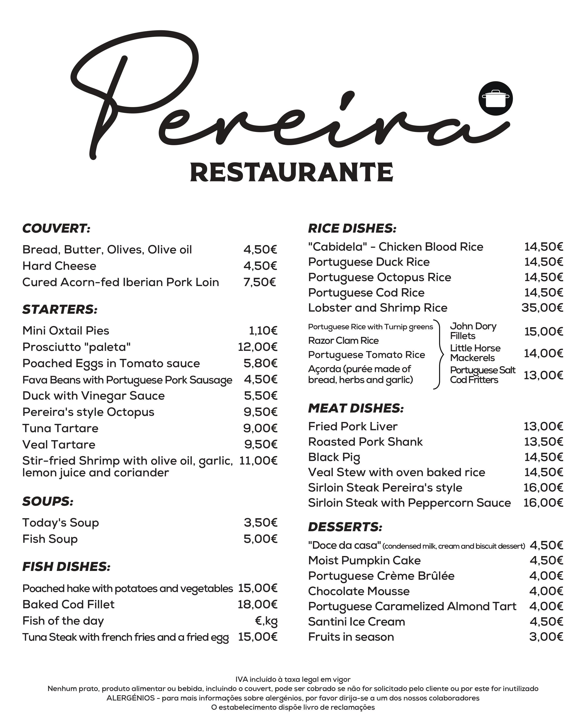 O Pereira - Restaurante Menu