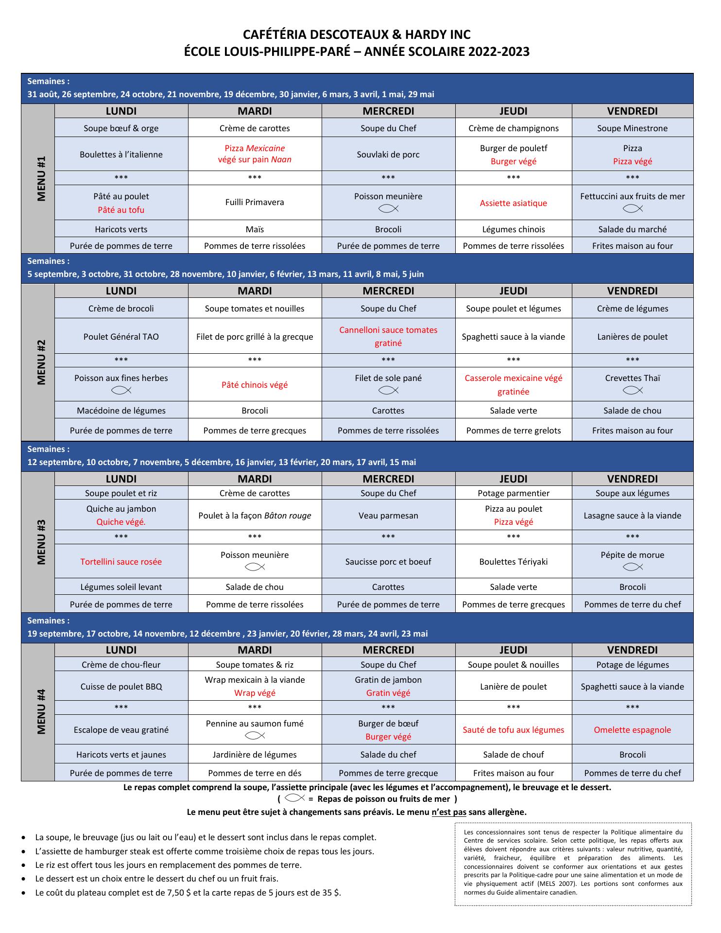 Cafeteria Descoteaux & Hardy Inc Menu