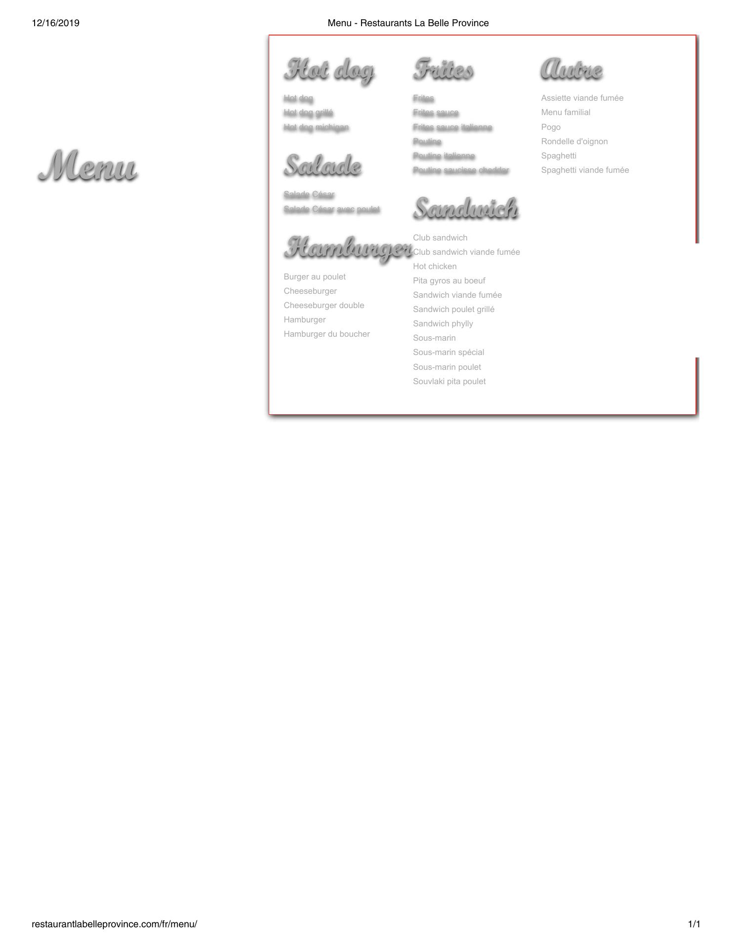Restaurant La Belle Province Menu