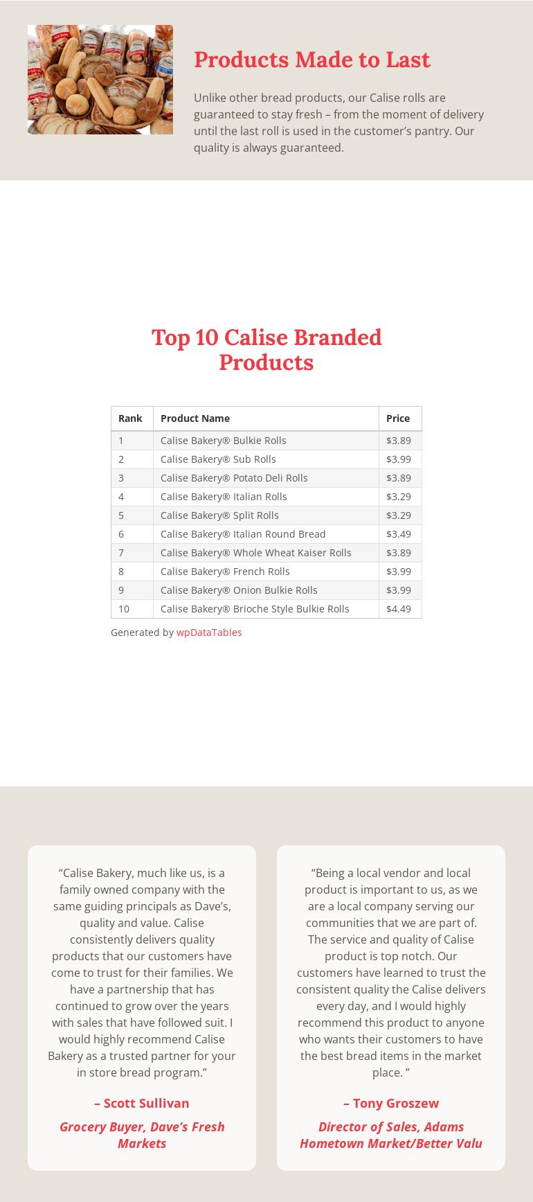 Calise & Sons Bakery Menu