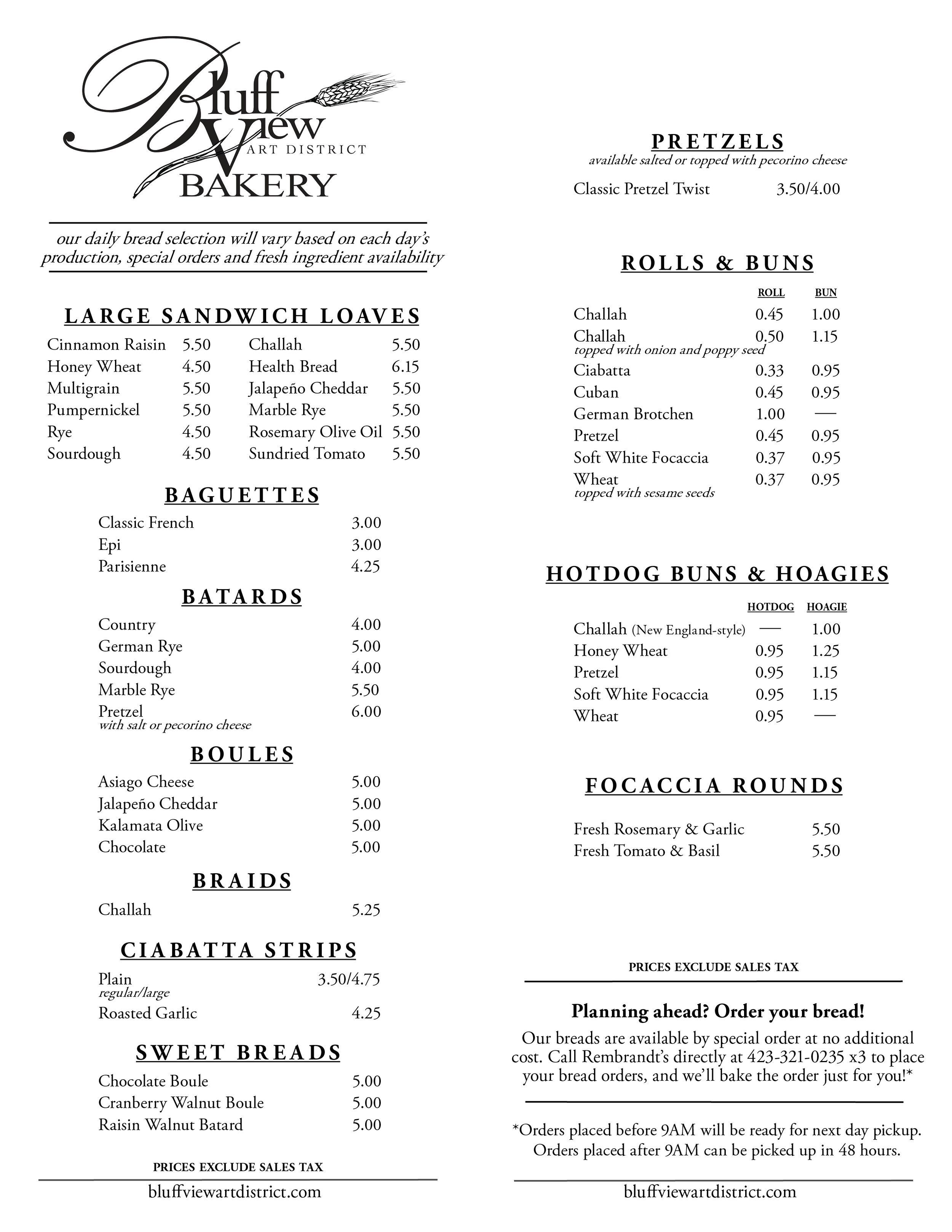 Bluff View Bakery Menu