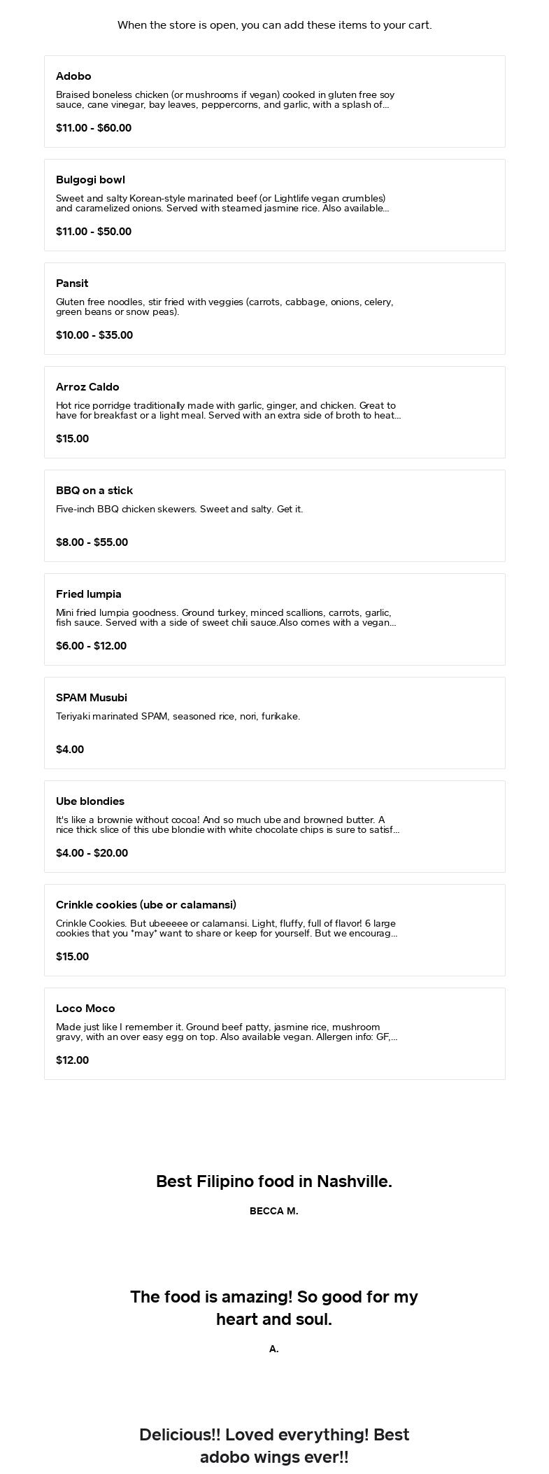 Ate's Filipino Kitchen Menu