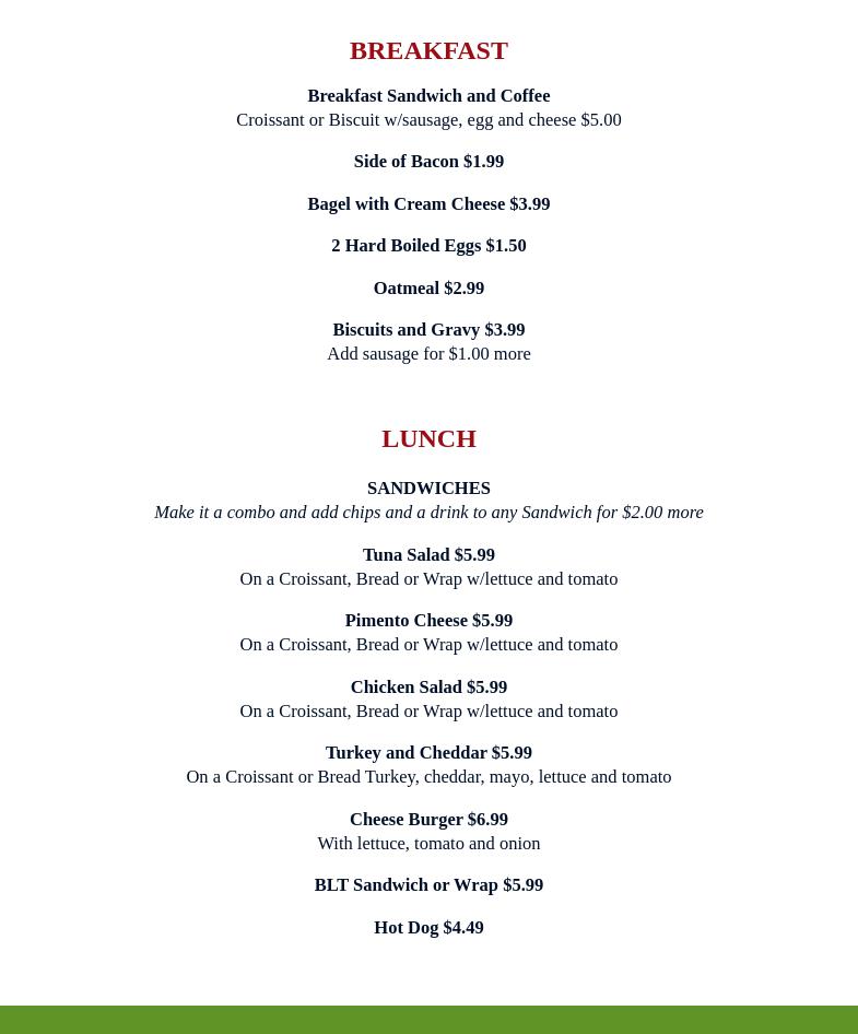 The Clubhouse Restaurant at Fair Oaks & Bogies Bar Menu