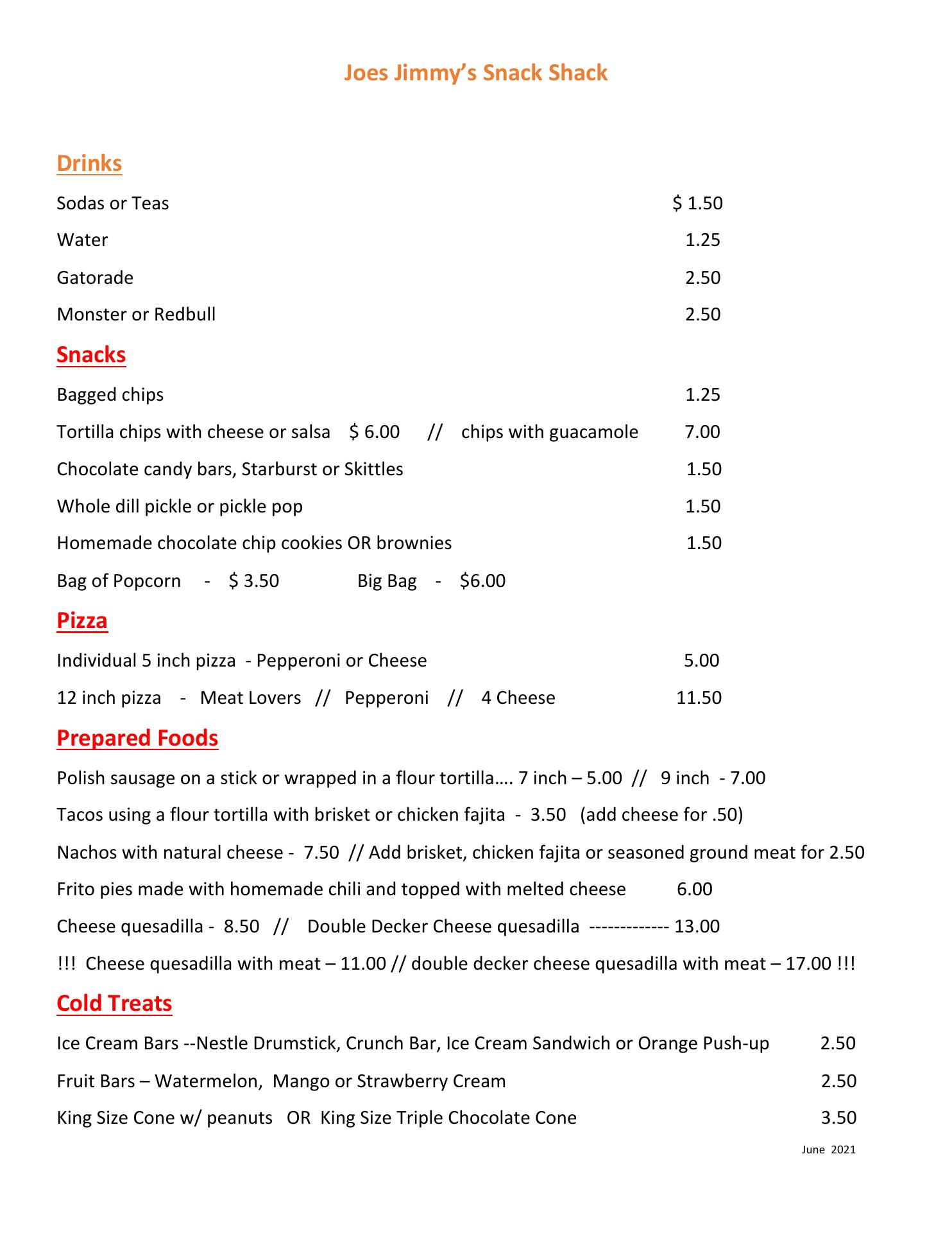 Joe Jimmy's Cantina Menu